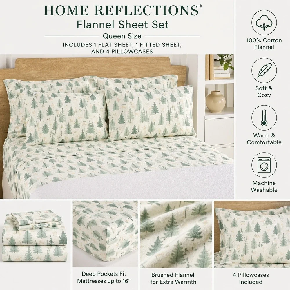 Home Reflections Queen Flannel Sheet Set 6pc Green Pine‎ Tree Deer H492286 NWOT